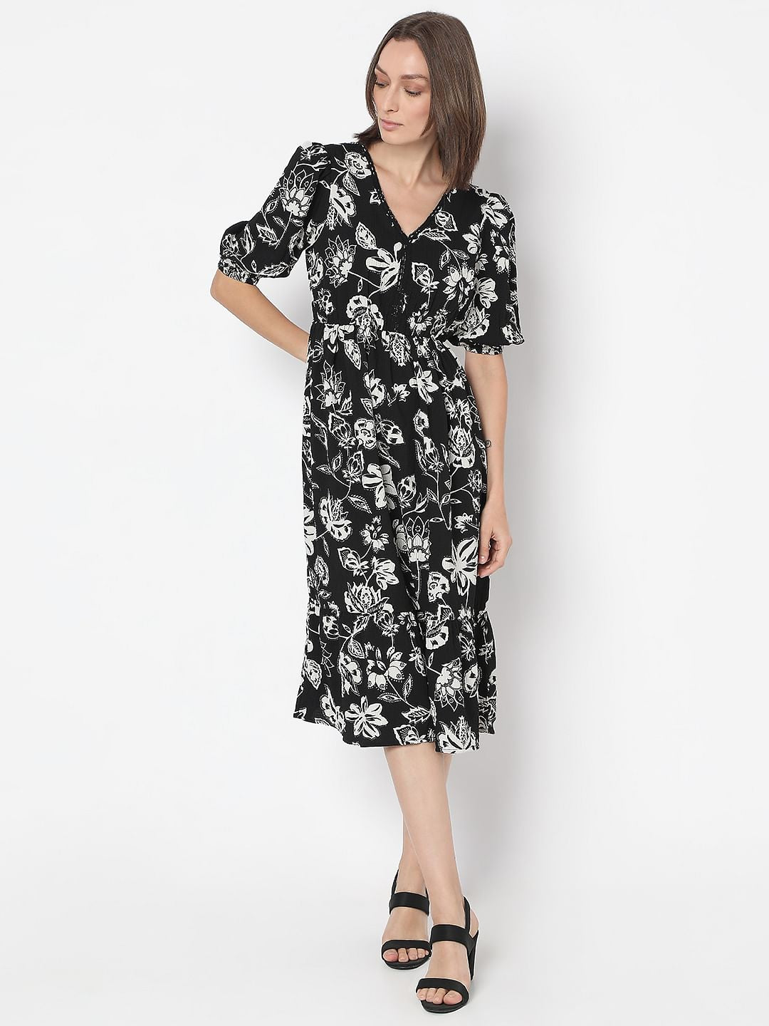 Black Printed Cotton Midi Dress