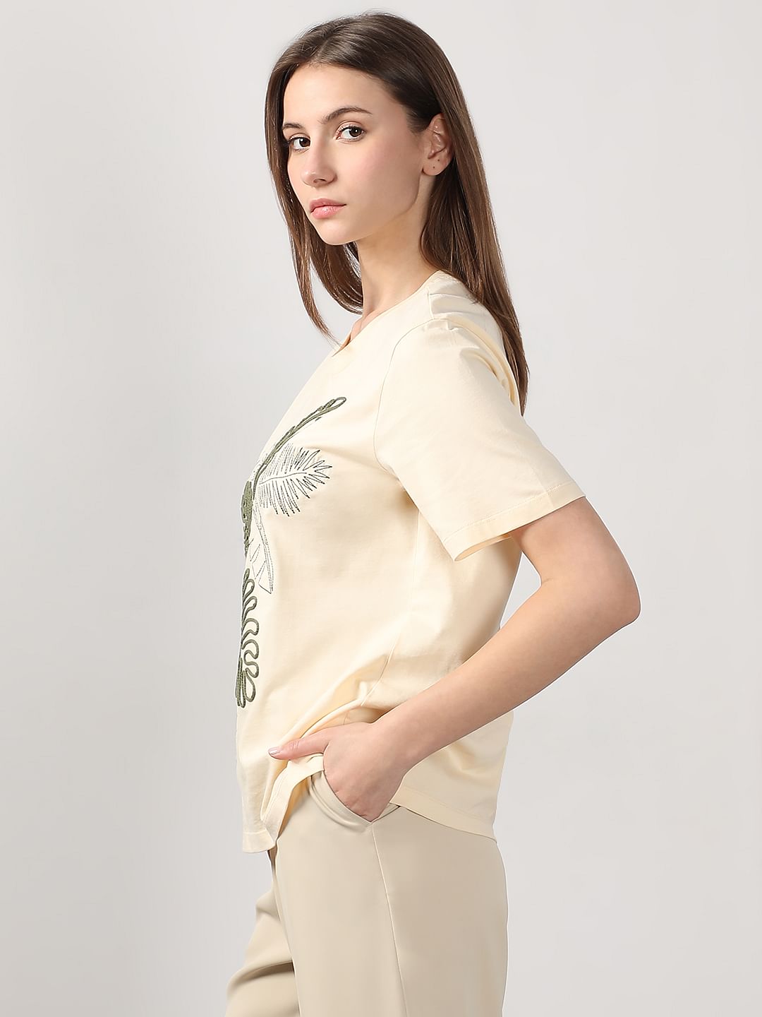 Ecru Cording Detail Cotton T-Shirt