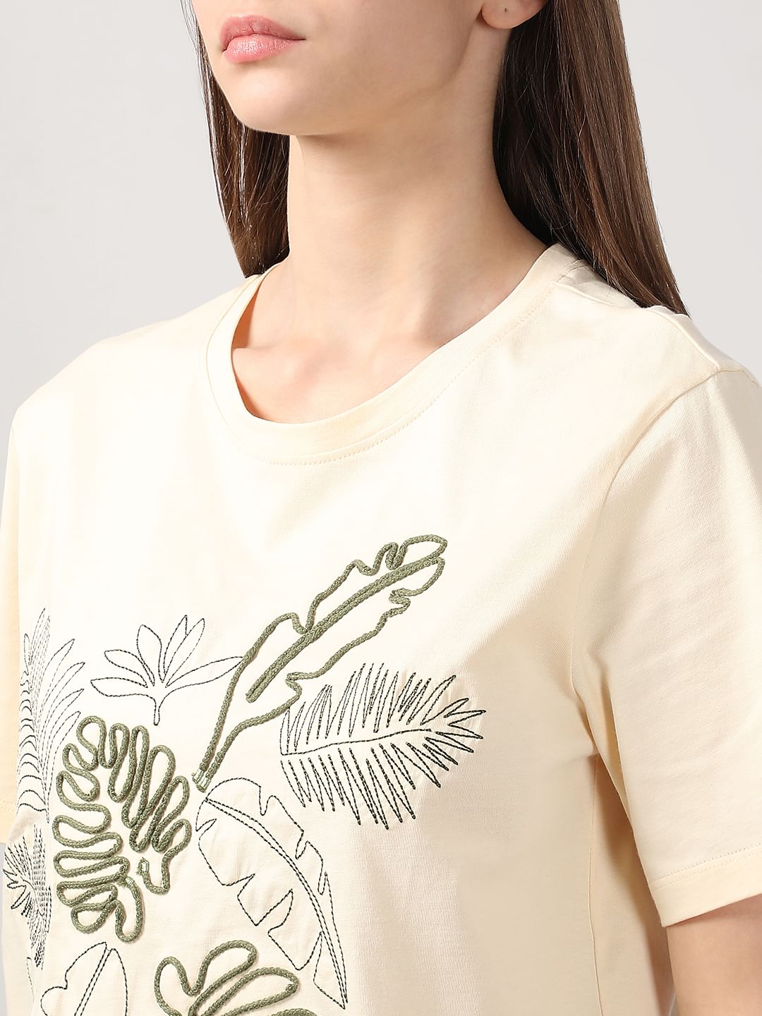 Ecru Cording Detail Cotton T-Shirt