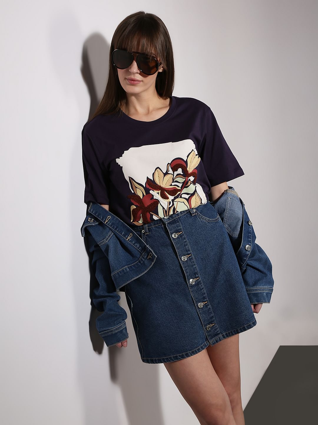 Dark Purple Graphic Print Cotton T-Shirt