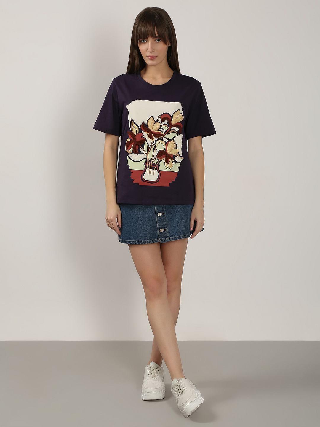 Dark Purple Graphic Print Cotton T-Shirt