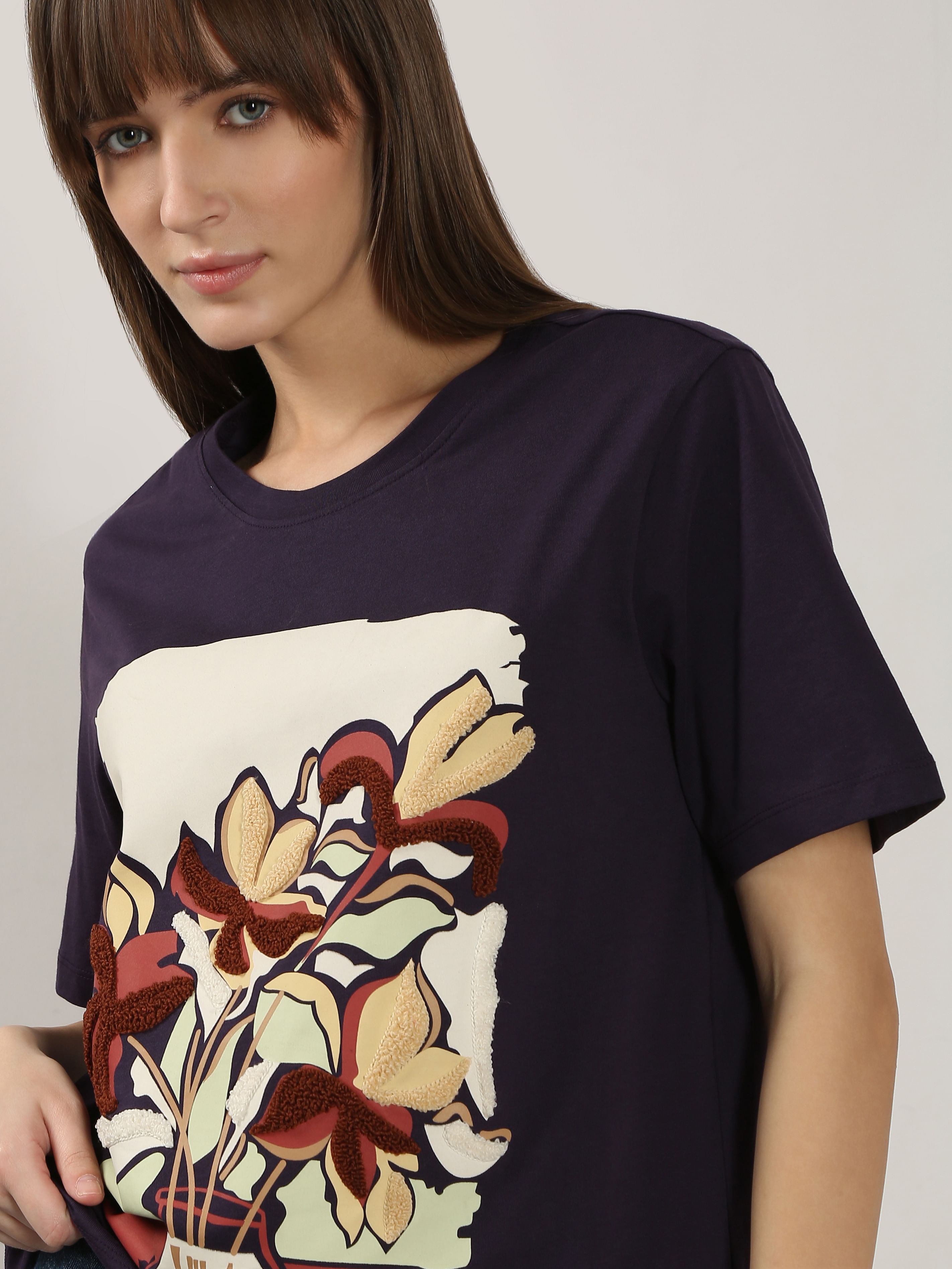 Dark Purple Graphic Print Cotton T-Shirt