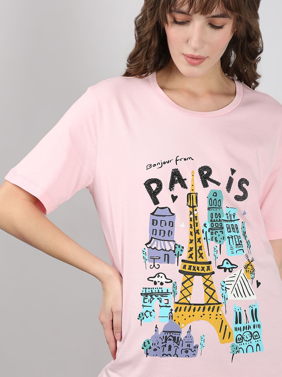 Pink Printed Cotton T-Shirt