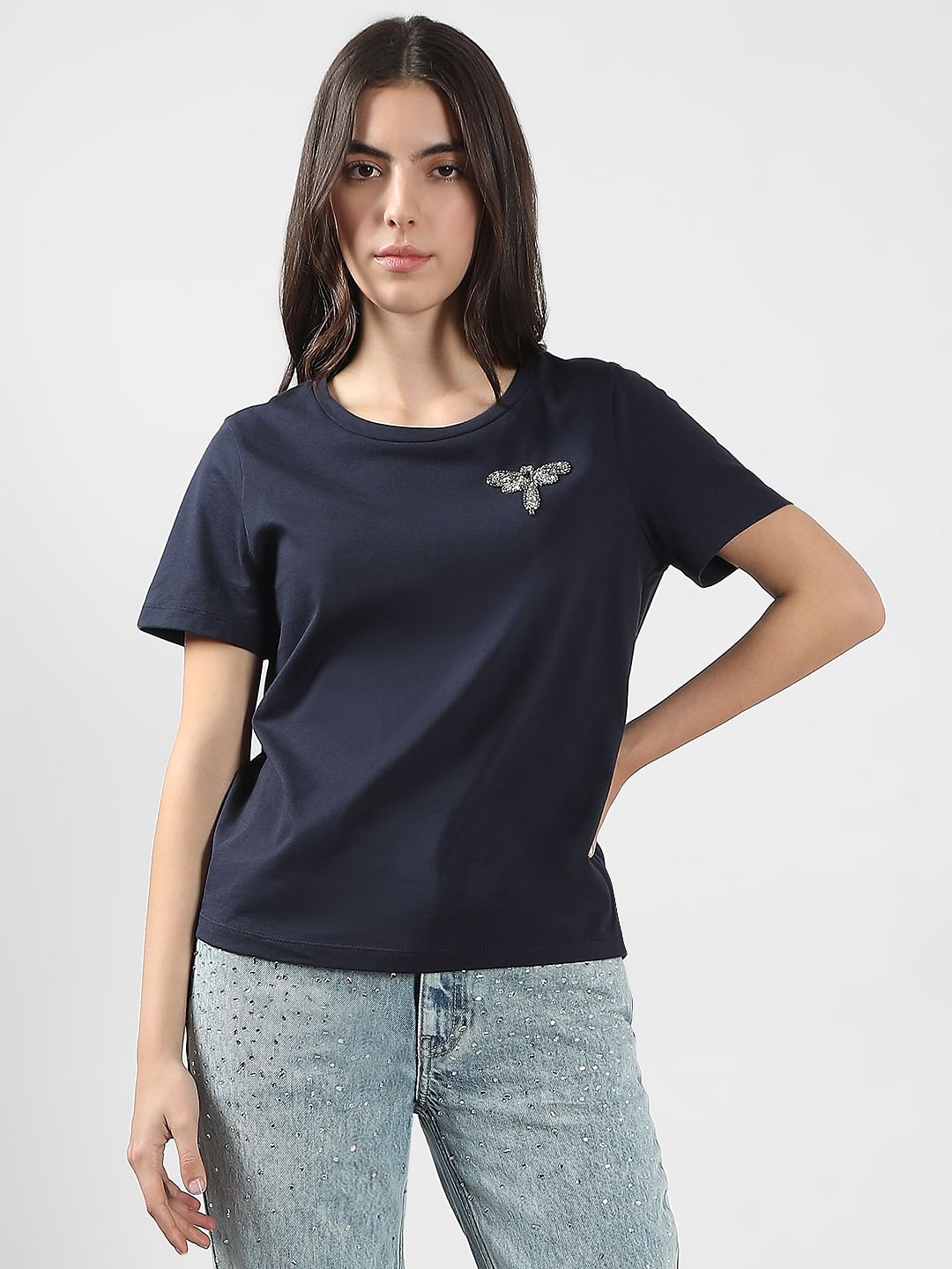 Navy Blue Motif Detail T-Shirt