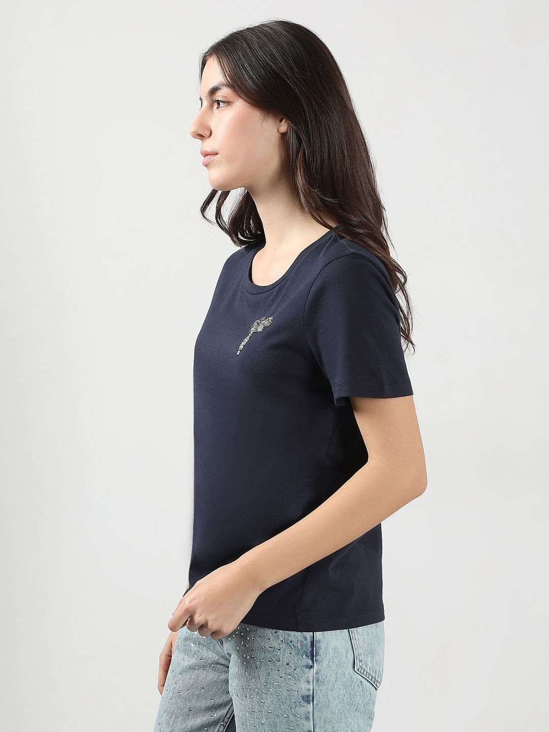 Navy Blue Motif Detail T-Shirt