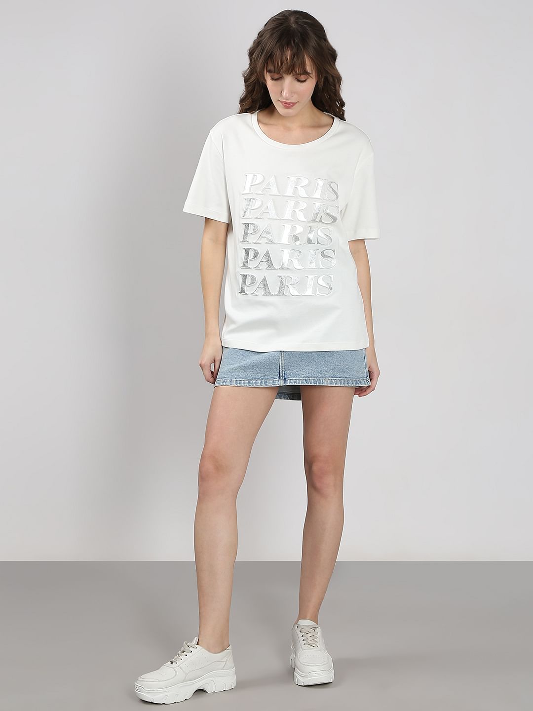 White Silver Text Cotton T-Shirt