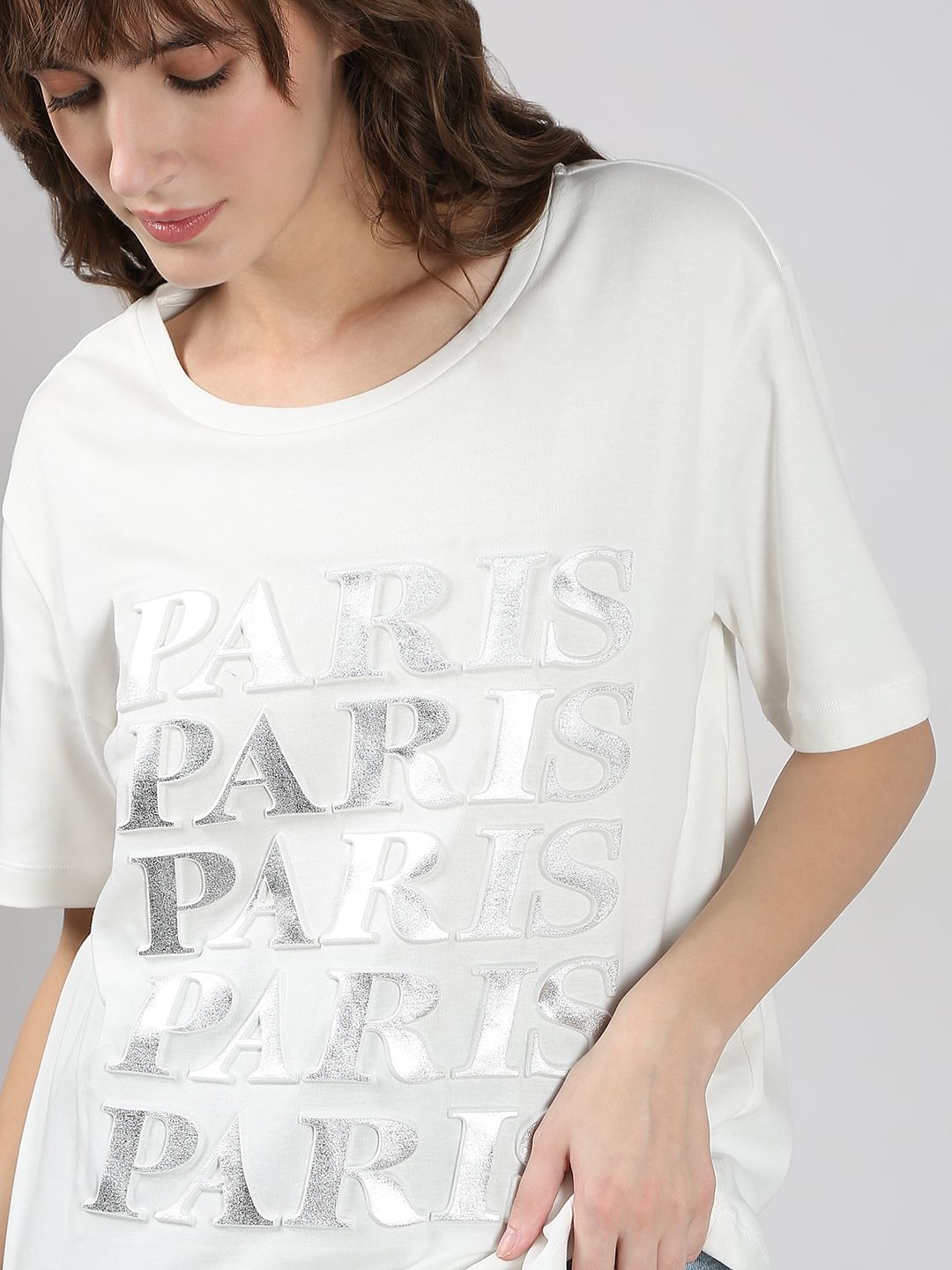 White Silver Text Cotton T-Shirt