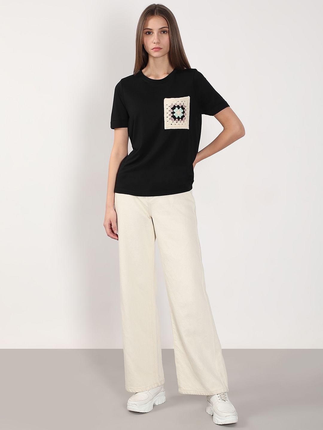 Black Crochet Pocket T-Shirt