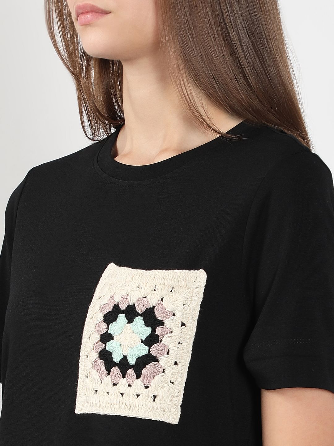 Black Crochet Pocket T-Shirt
