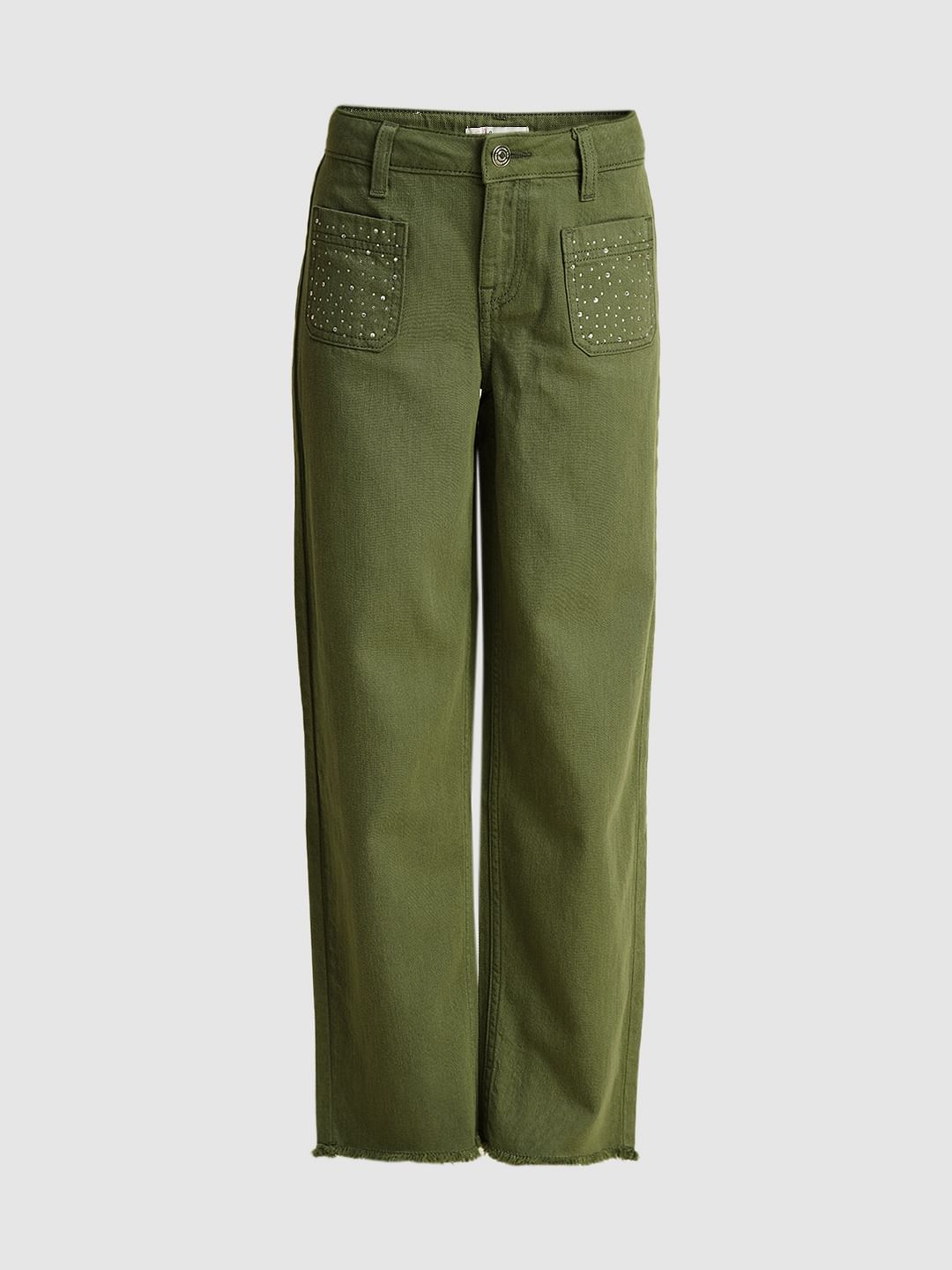 Girls Green Embellished Wide Leg Jeans