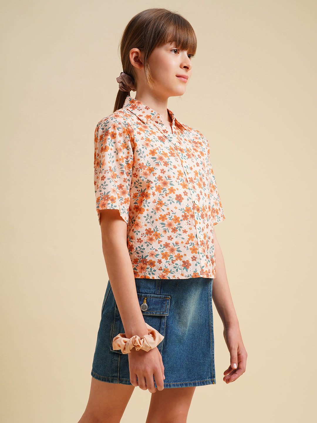 Girls Orange Floral Cotton Shirt
