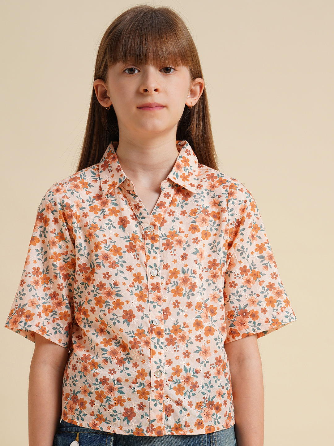 Girls Orange Floral Cotton Shirt