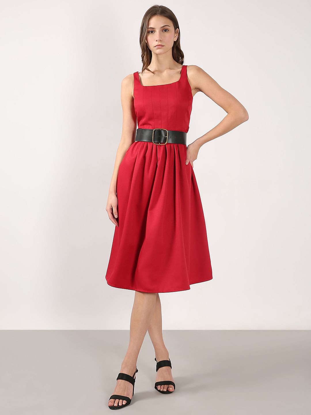 Red Square Neck Midi Dress