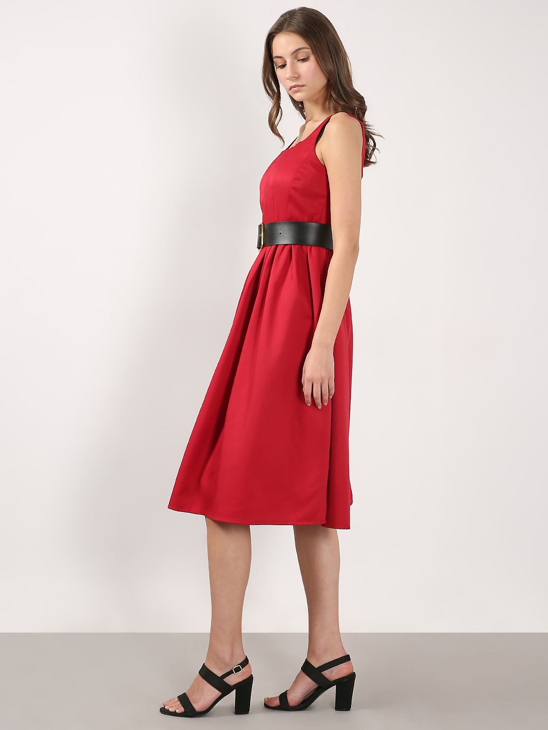 Red Square Neck Midi Dress