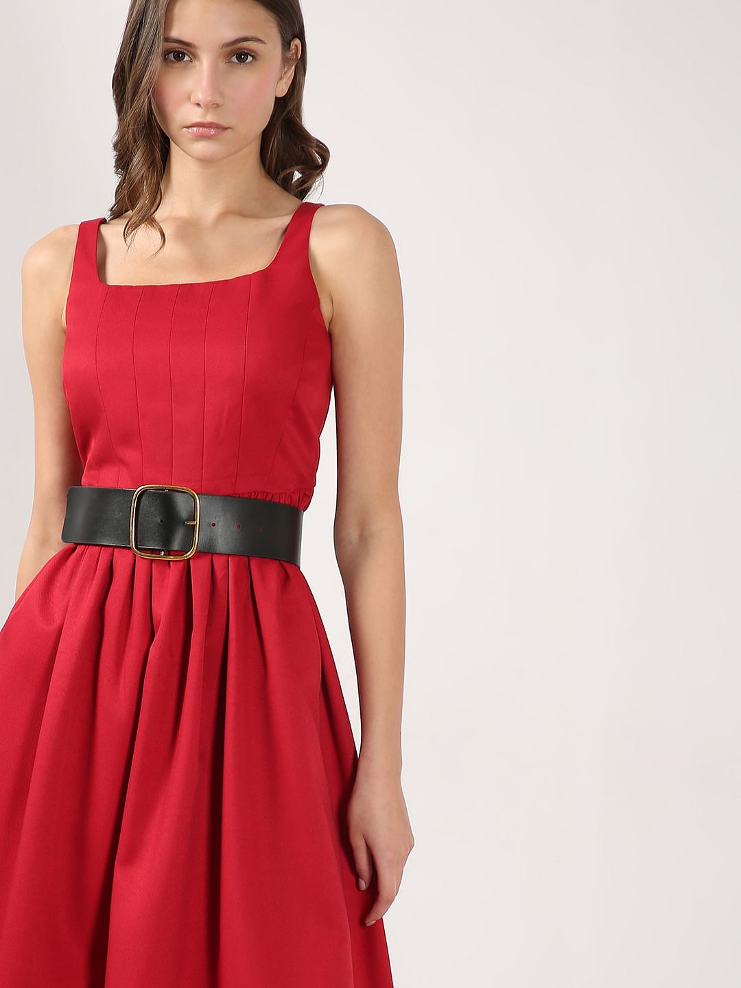 Red Square Neck Midi Dress