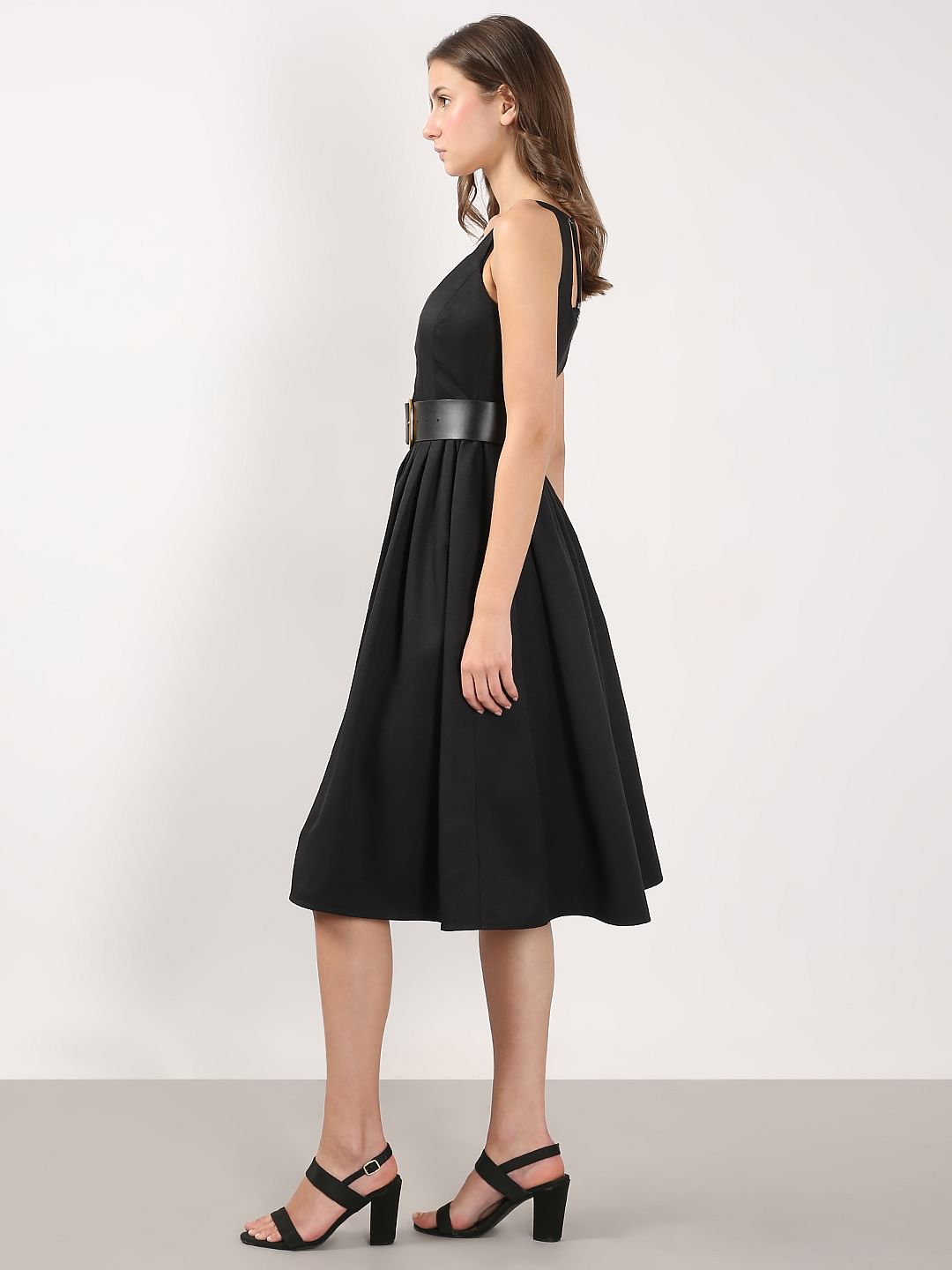 Black Belted Midi Flared Dress