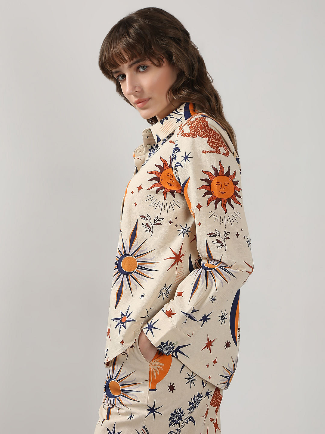 Ecru Printed Co-Ord Set Shirt