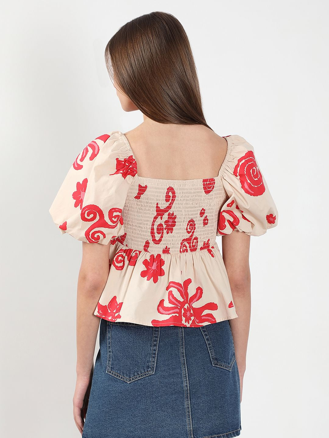 Beige Printed Balloon Sleeves Top