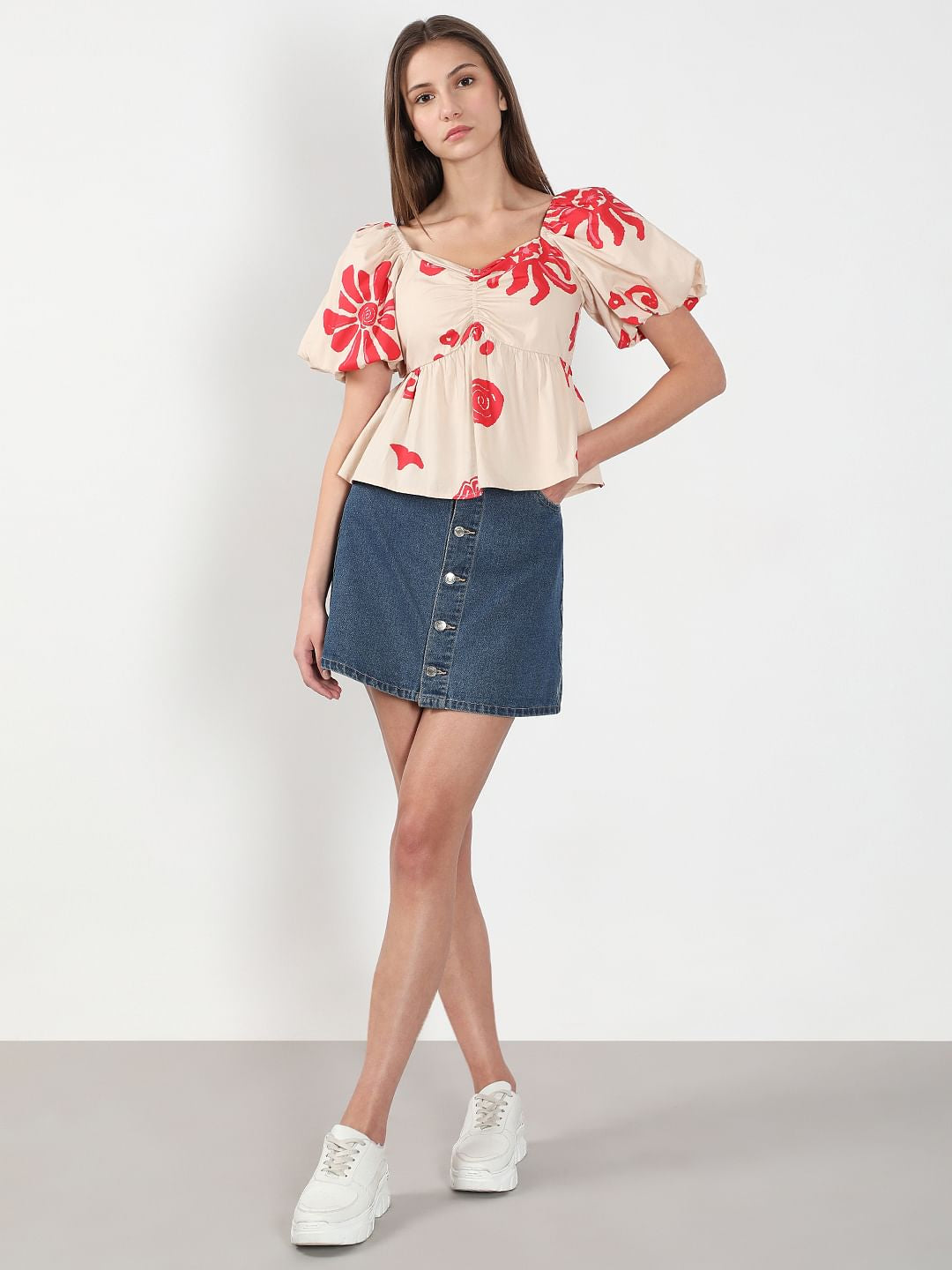 Beige Printed Balloon Sleeves Top