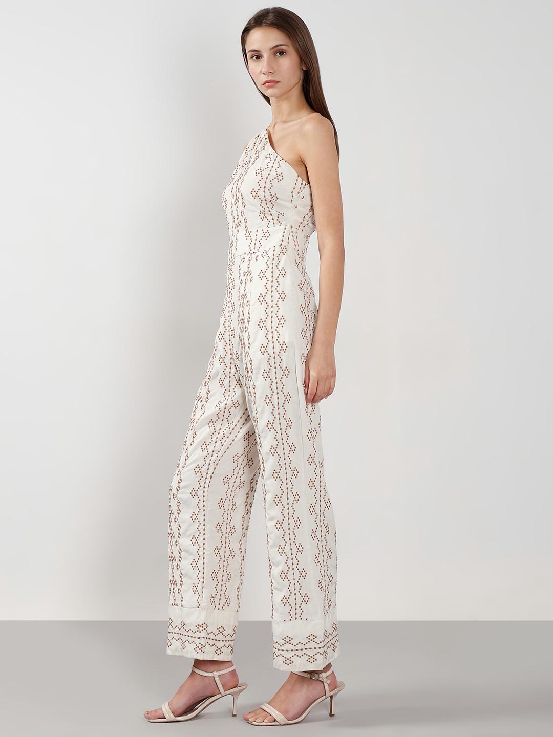 Vero Moda off-White Printed One-Shoulder Jumpsuit