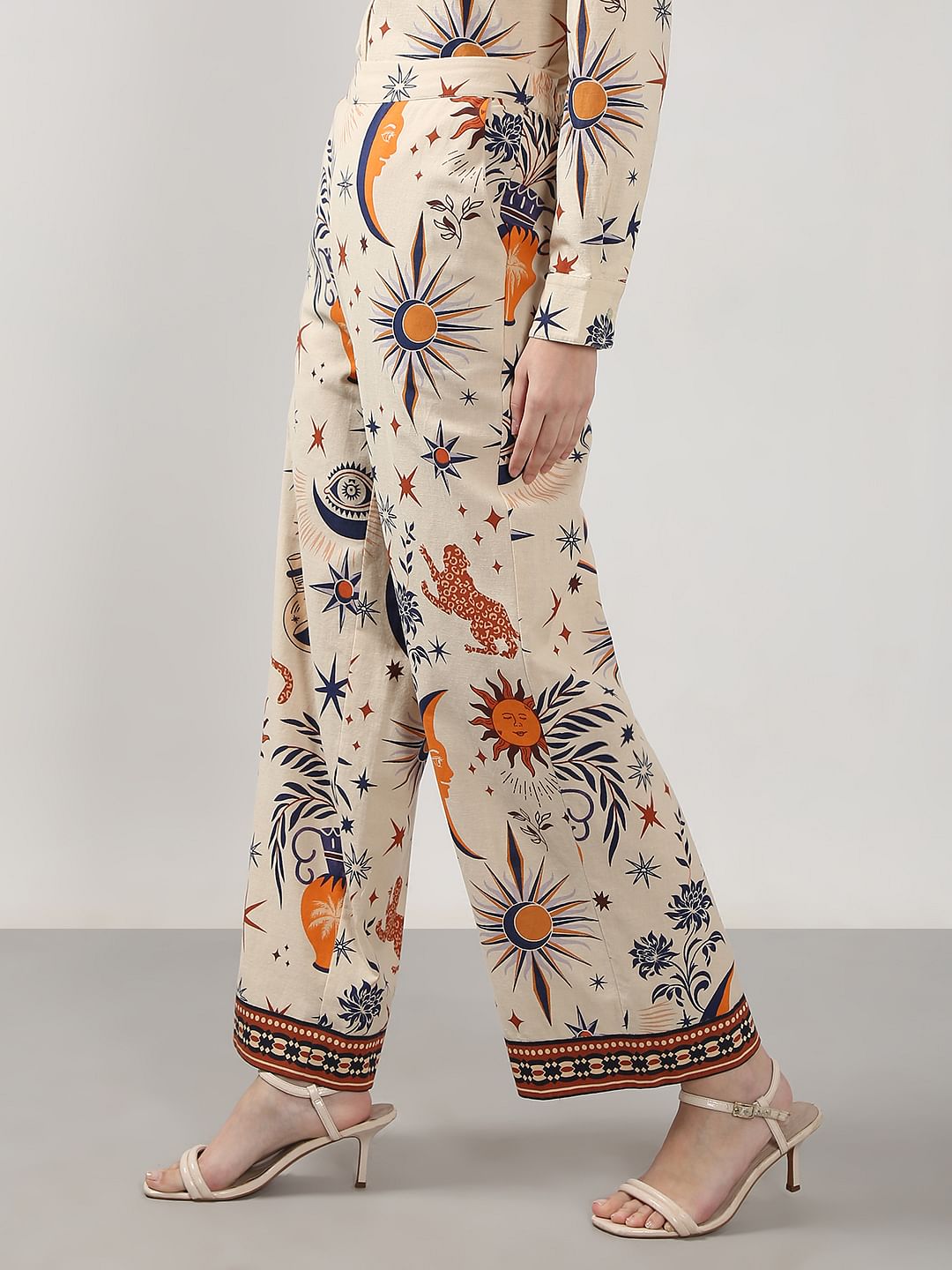 Beige Printed Co-Ord Set Flared Pants