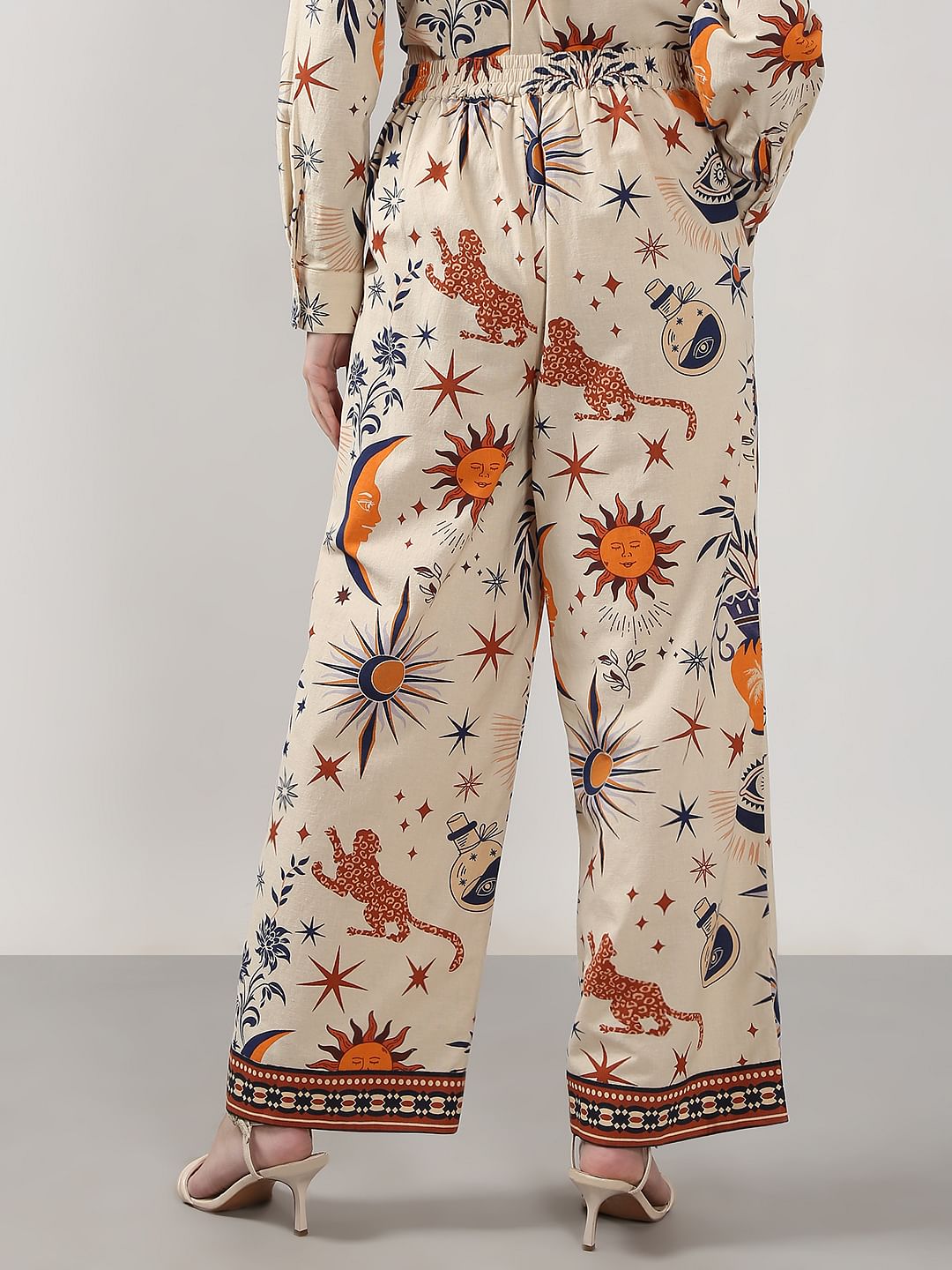 Beige Printed Co-Ord Set Flared Pants