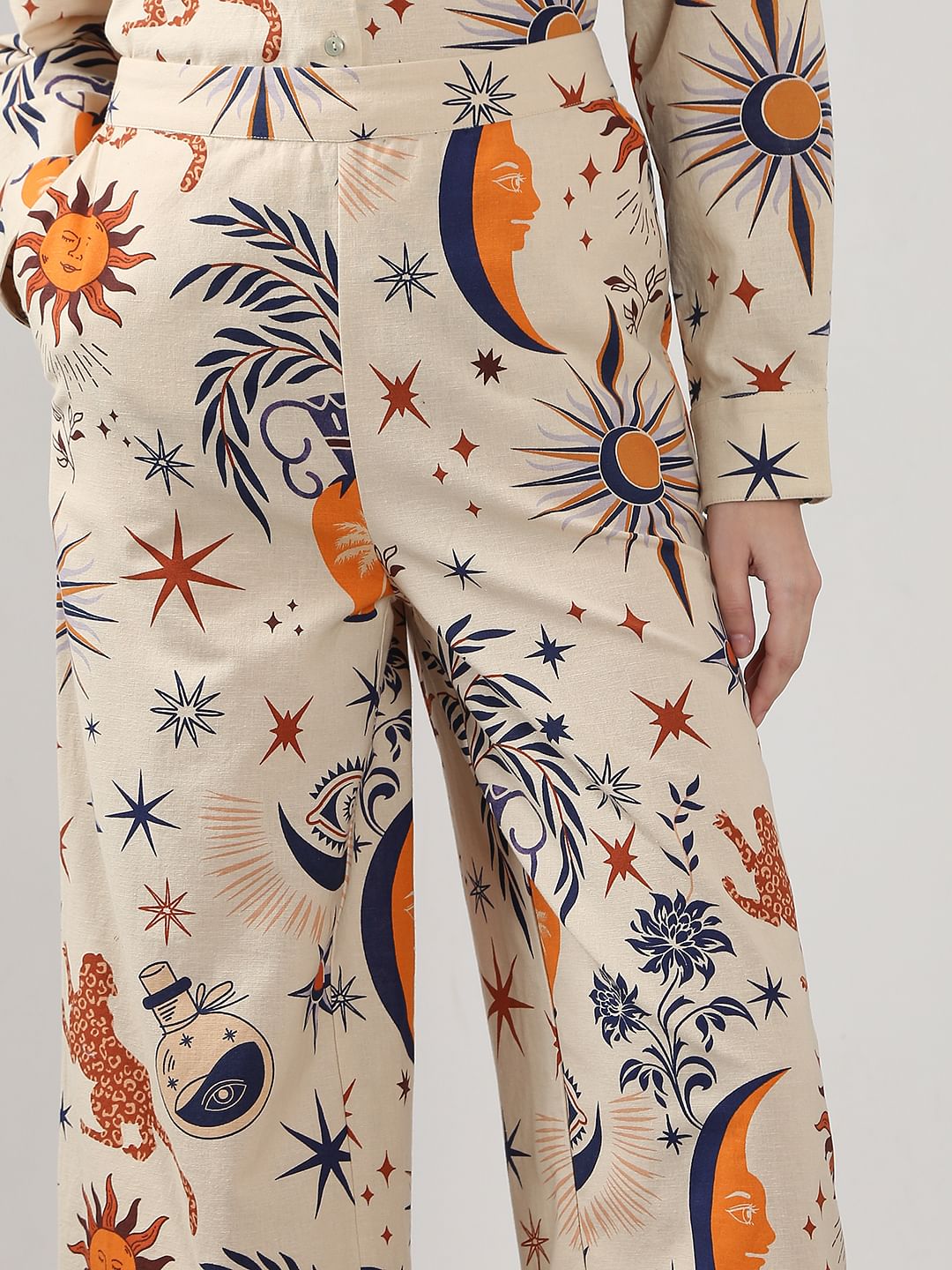 Beige Printed Co-Ord Set Flared Pants