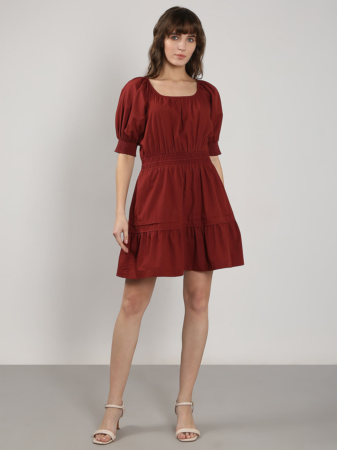 Dark Red Flared Short Cotton Dress
