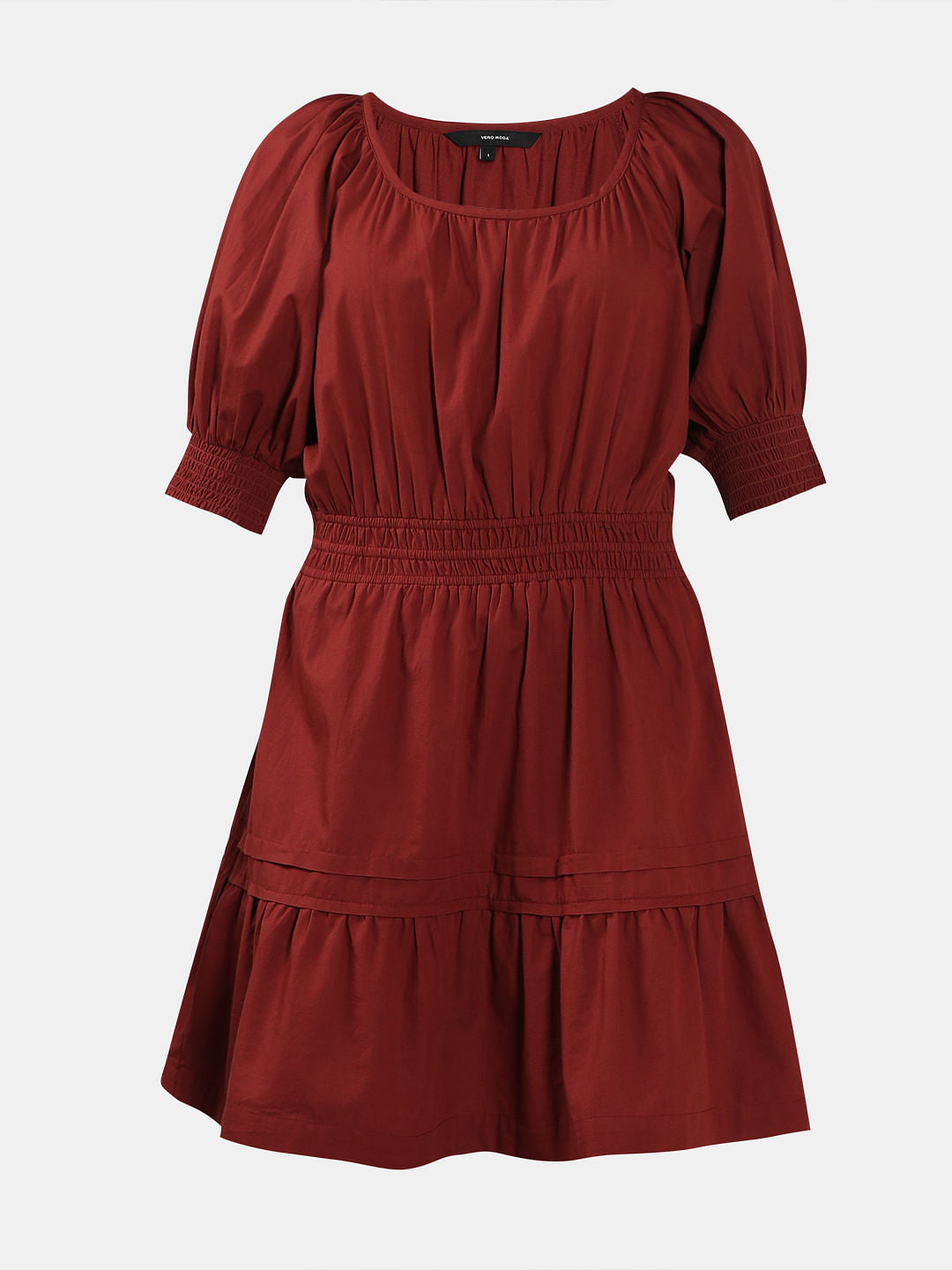 Dark Red Flared Short Cotton Dress