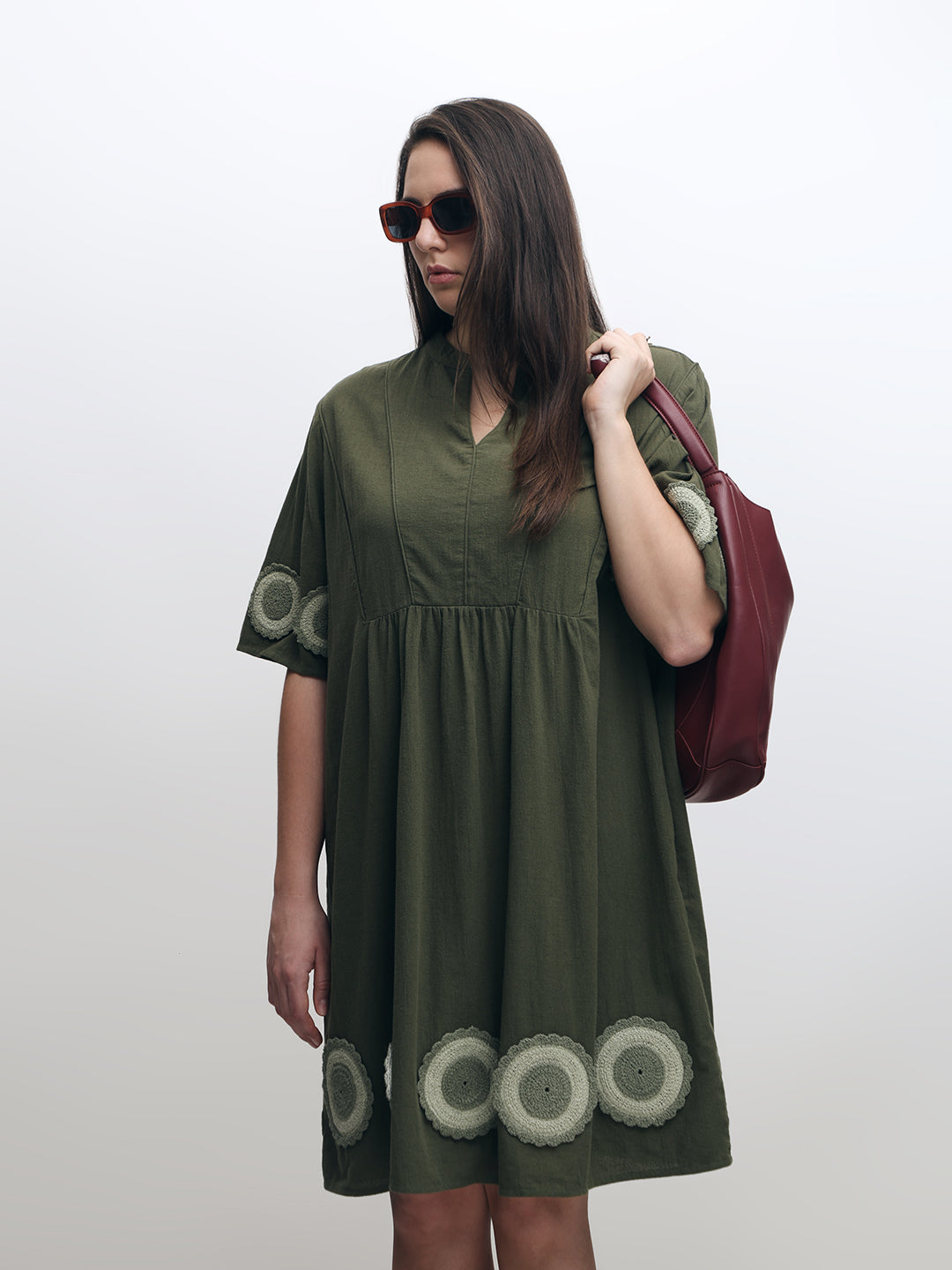 VERO MODA CURVE Dark Green Crochet Patch Detail Dress