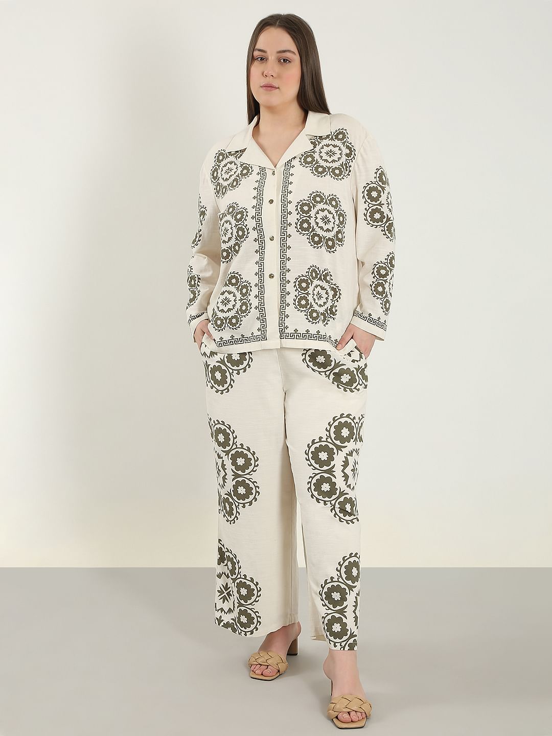 Curve Ecru Printed Co-Ord Set Shirt