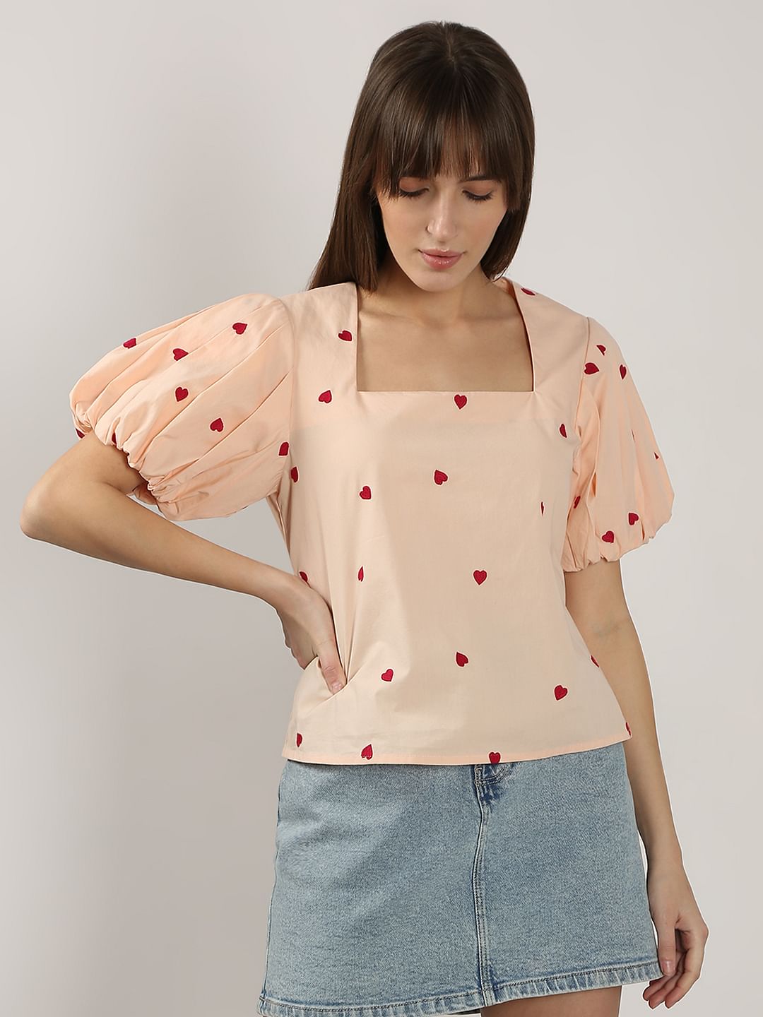 Beige Embroidered Heart Top