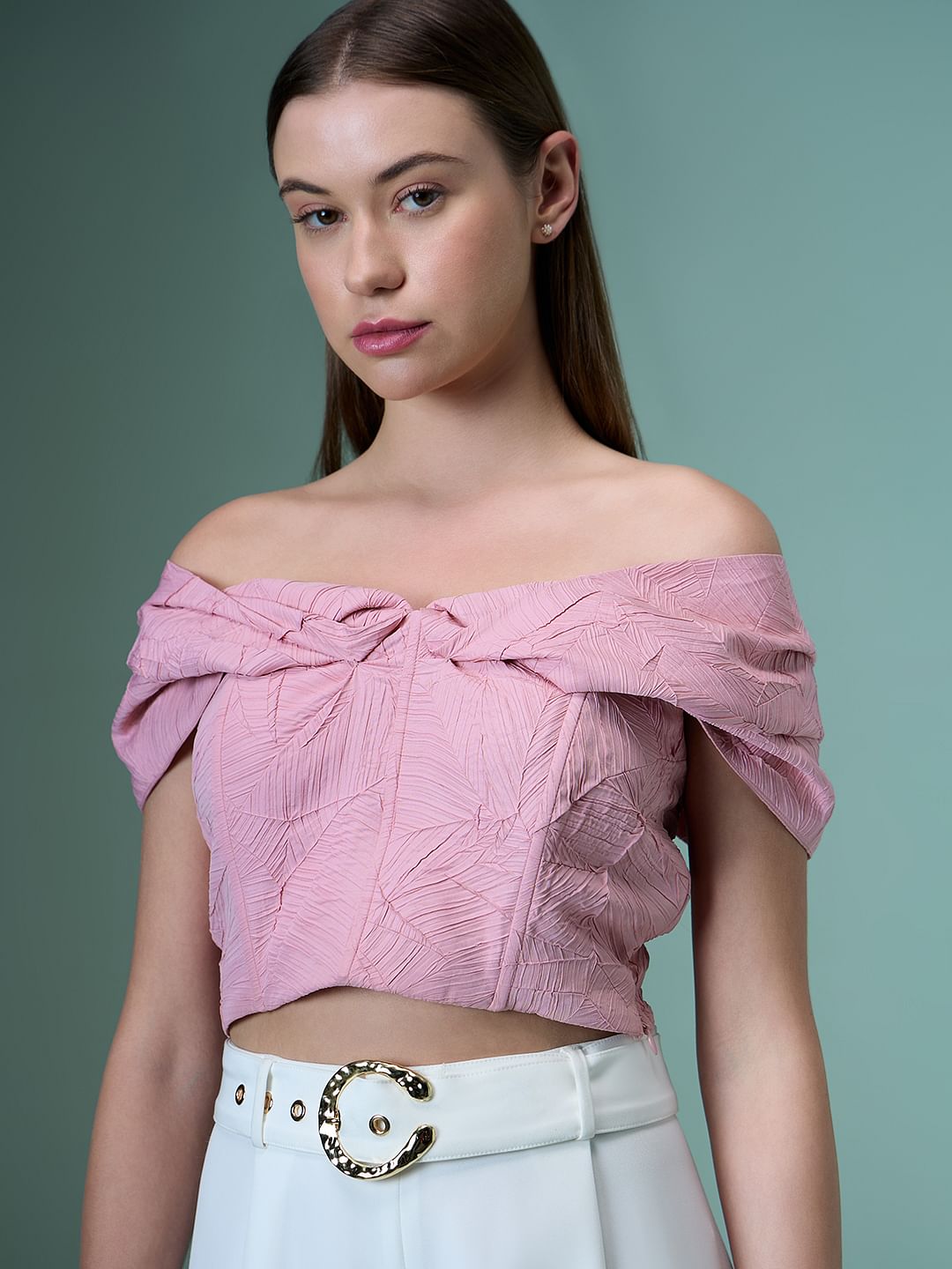 Marquee Pink Off Shoulder Crop Top