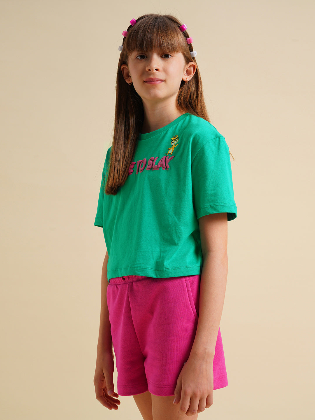 Girls Green Printed Boxy Fit T-shirt