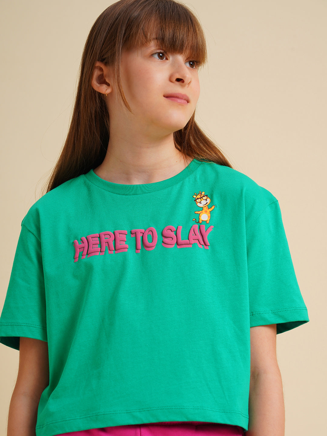 Girls Green Printed Boxy Fit T-shirt