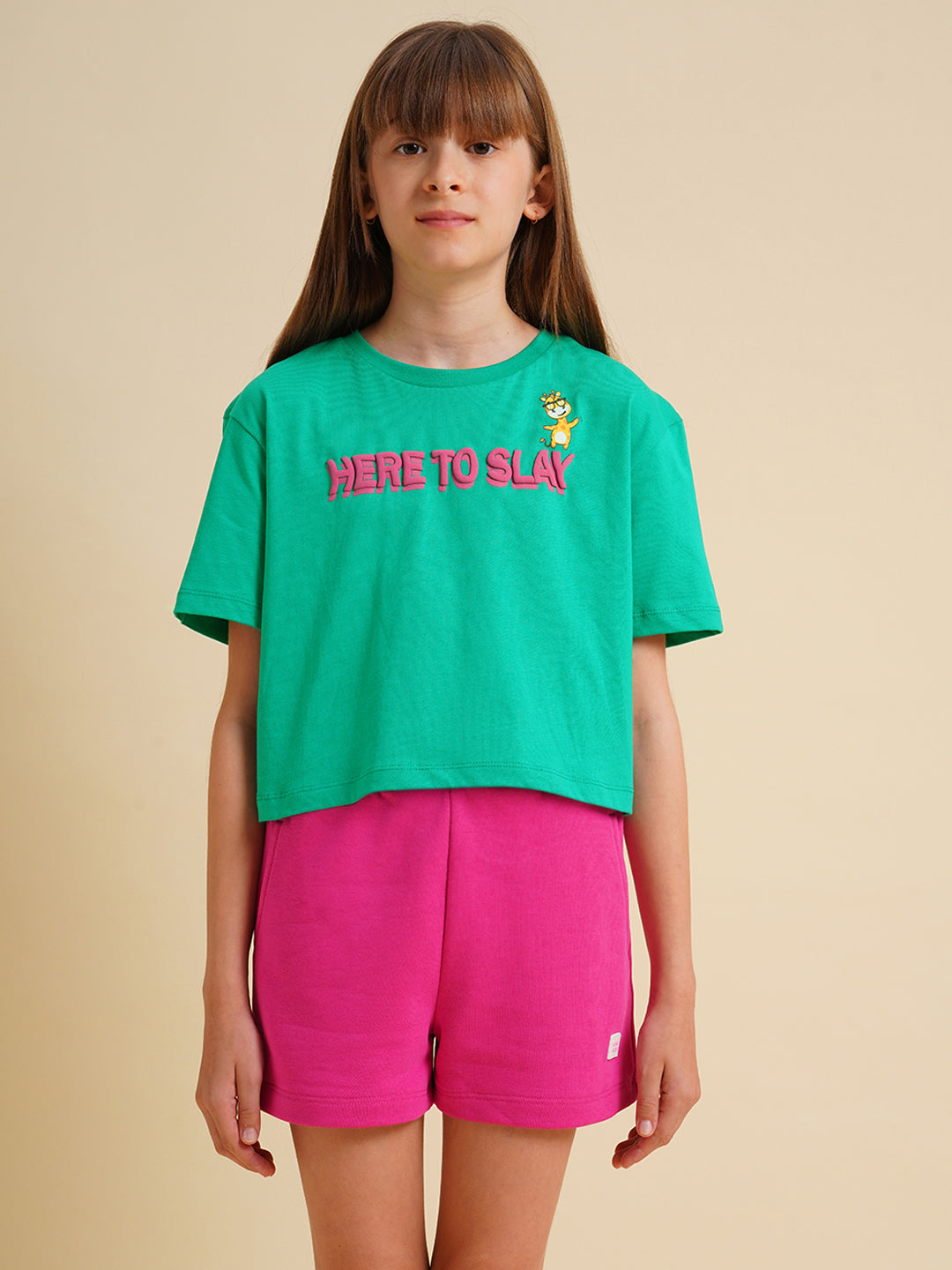 Girls Green Printed Boxy Fit T-shirt