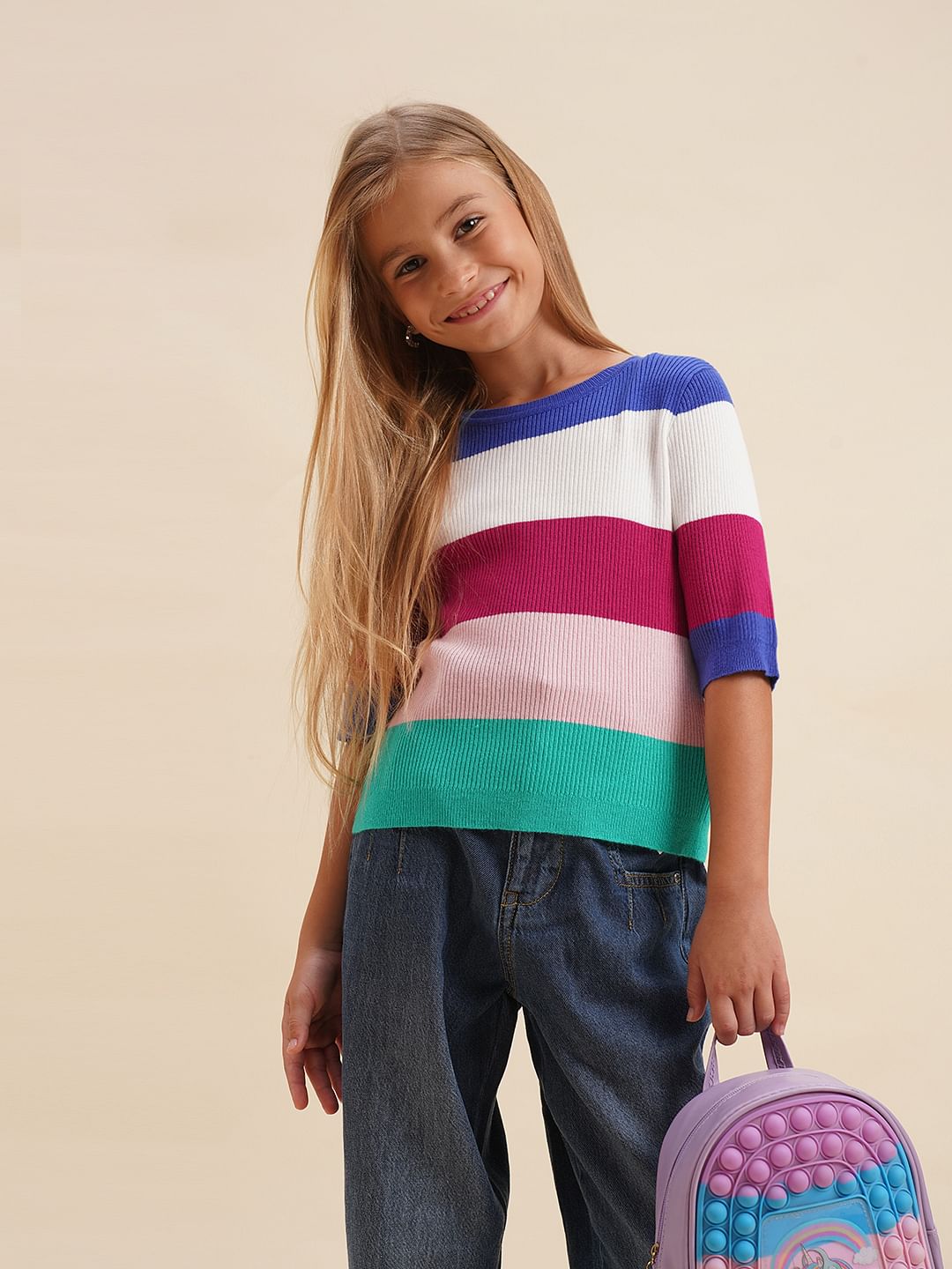 Girls Pink Colourblocked Knitted T-Shirt