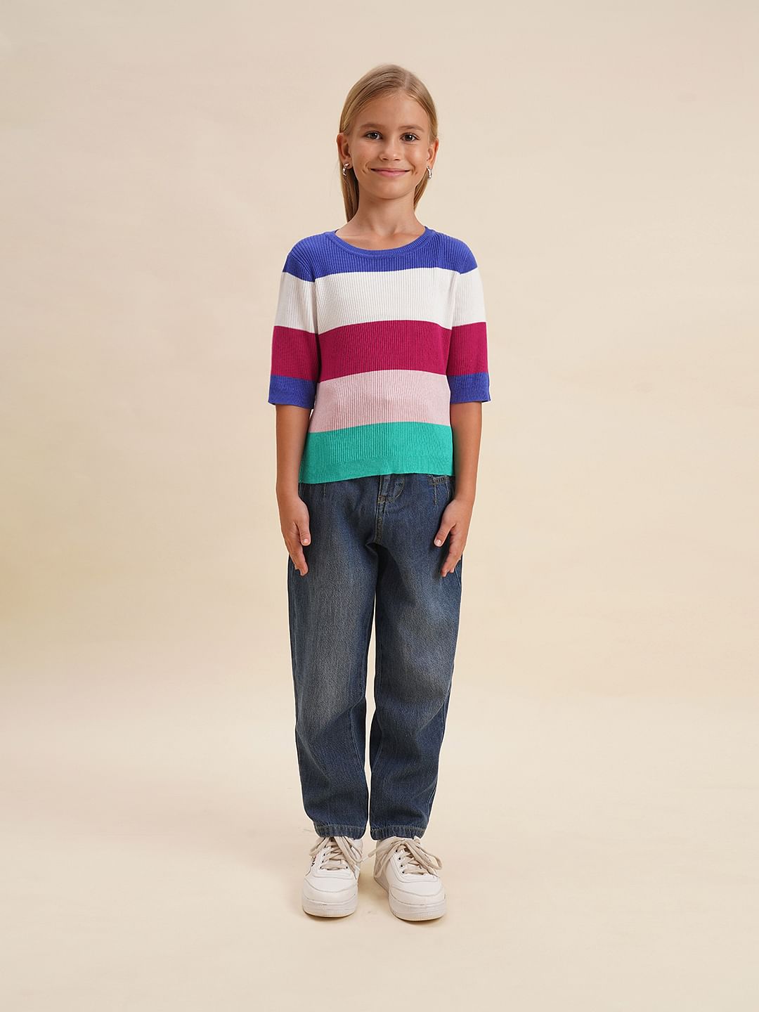 Girls Pink Colourblocked Knitted T-Shirt