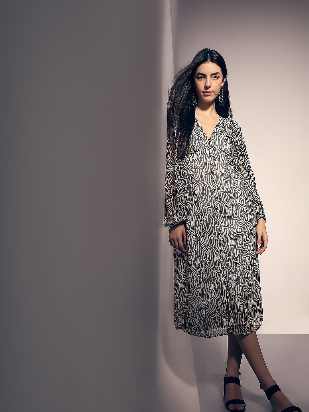 Black Printed V-Neck Dress