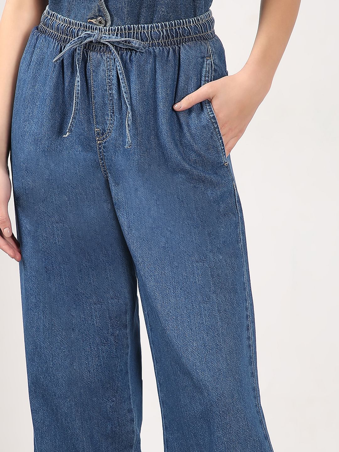 Blue Mid Rise Pull Up Denim Pants