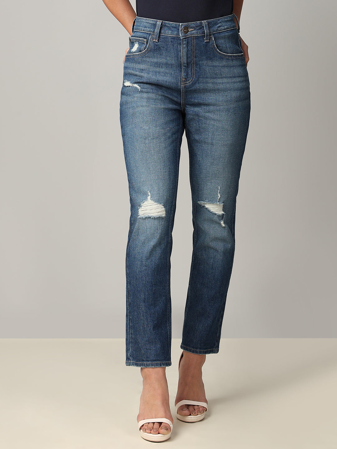 Mid-Blue Distressed Straight Fit Jeans