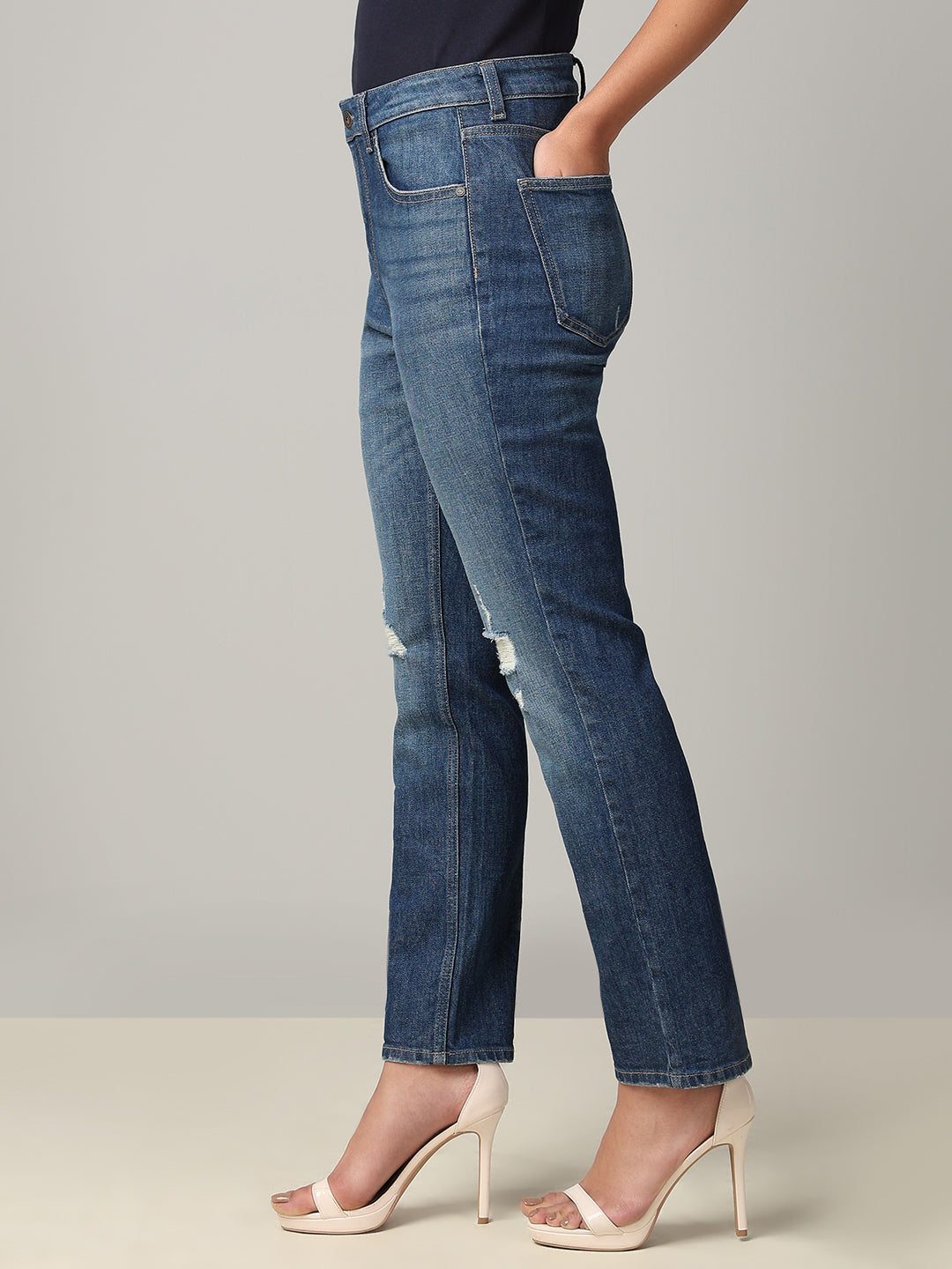 Mid-Blue Distressed Straight Fit Jeans