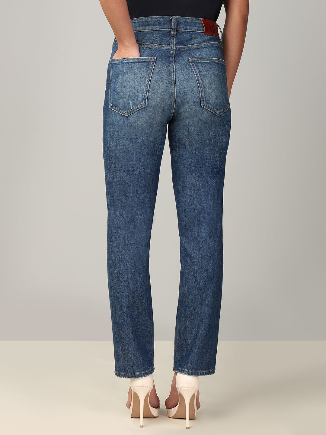 Mid-Blue Distressed Straight Fit Jeans