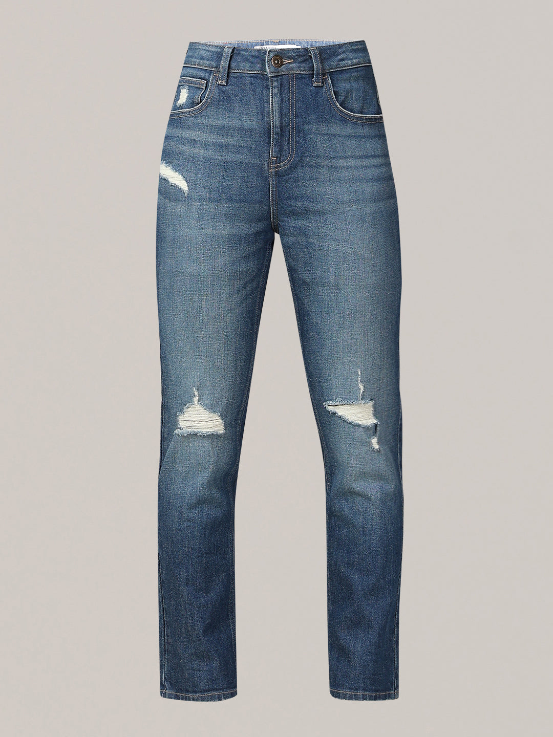 Mid-Blue Distressed Straight Fit Jeans