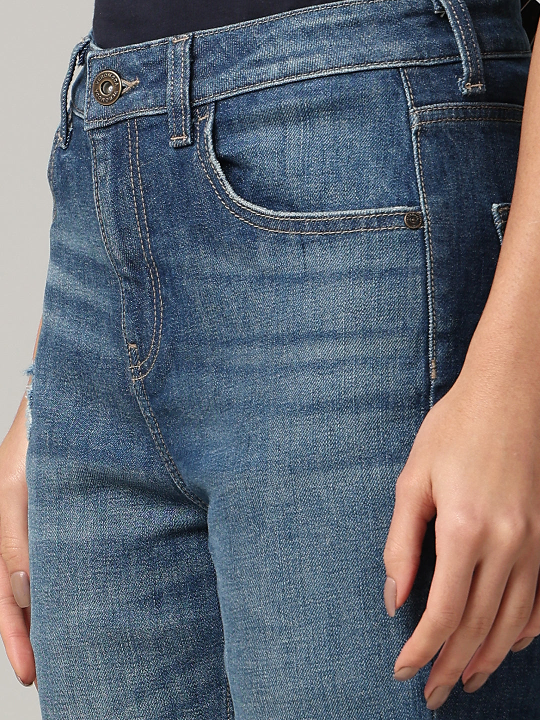 Mid-Blue Distressed Straight Fit Jeans