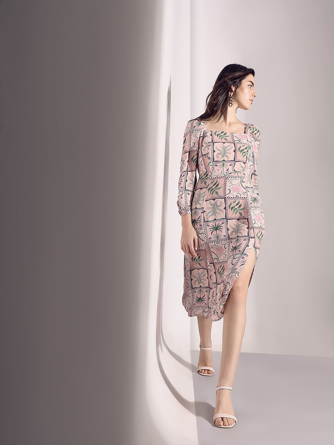 Pink Printed Square Neck Dress