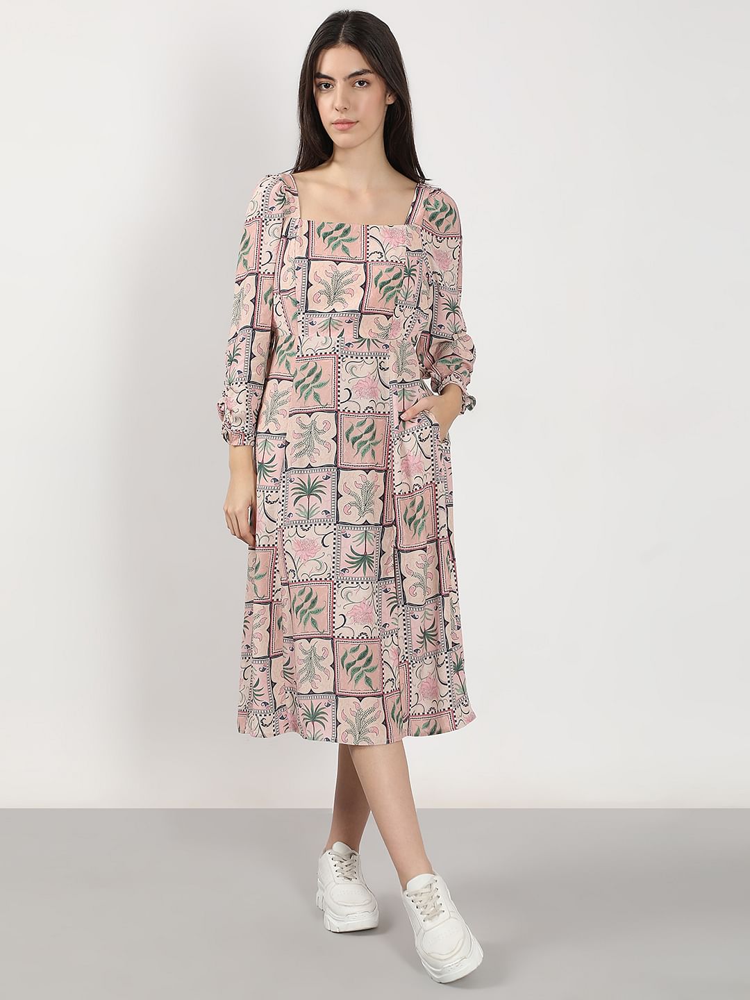 Pink Printed Square Neck Dress