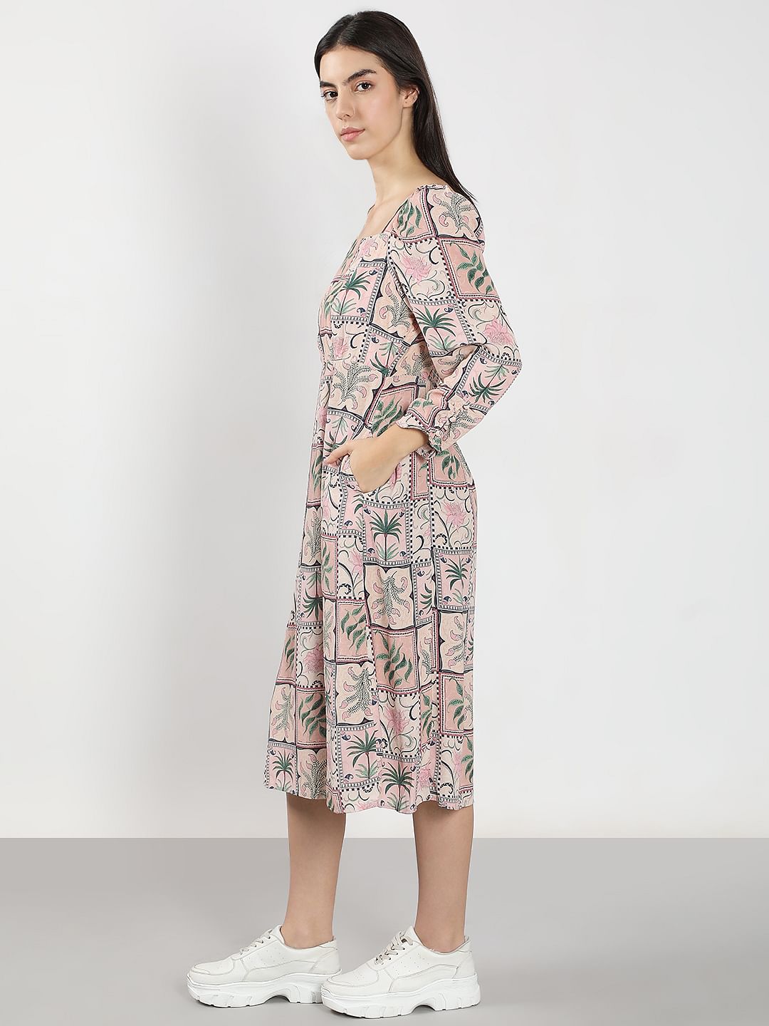 Pink Printed Square Neck Dress