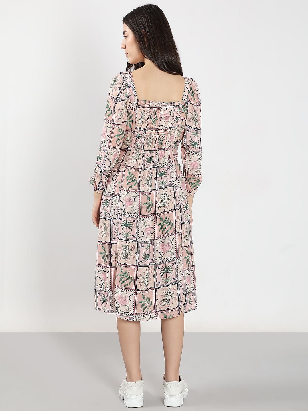 Pink Printed Square Neck Dress