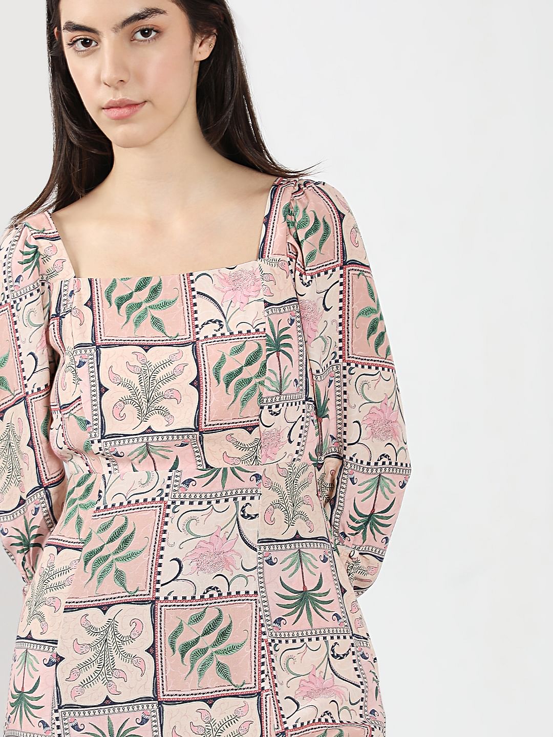 Pink Printed Square Neck Dress